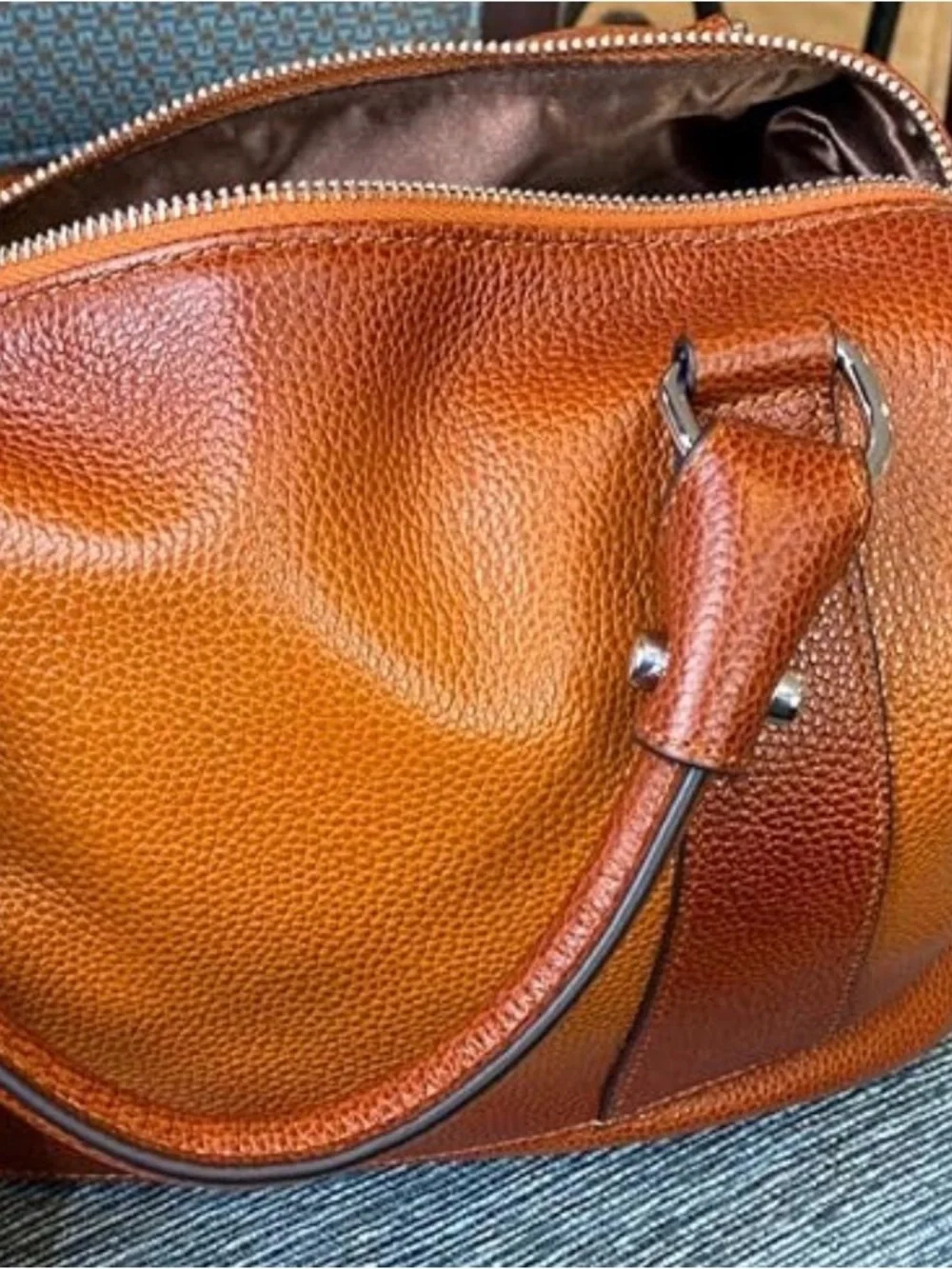 Women’s Genuine Leather Two Tone Satchel Tote Bag Cognac Brown Crossbody